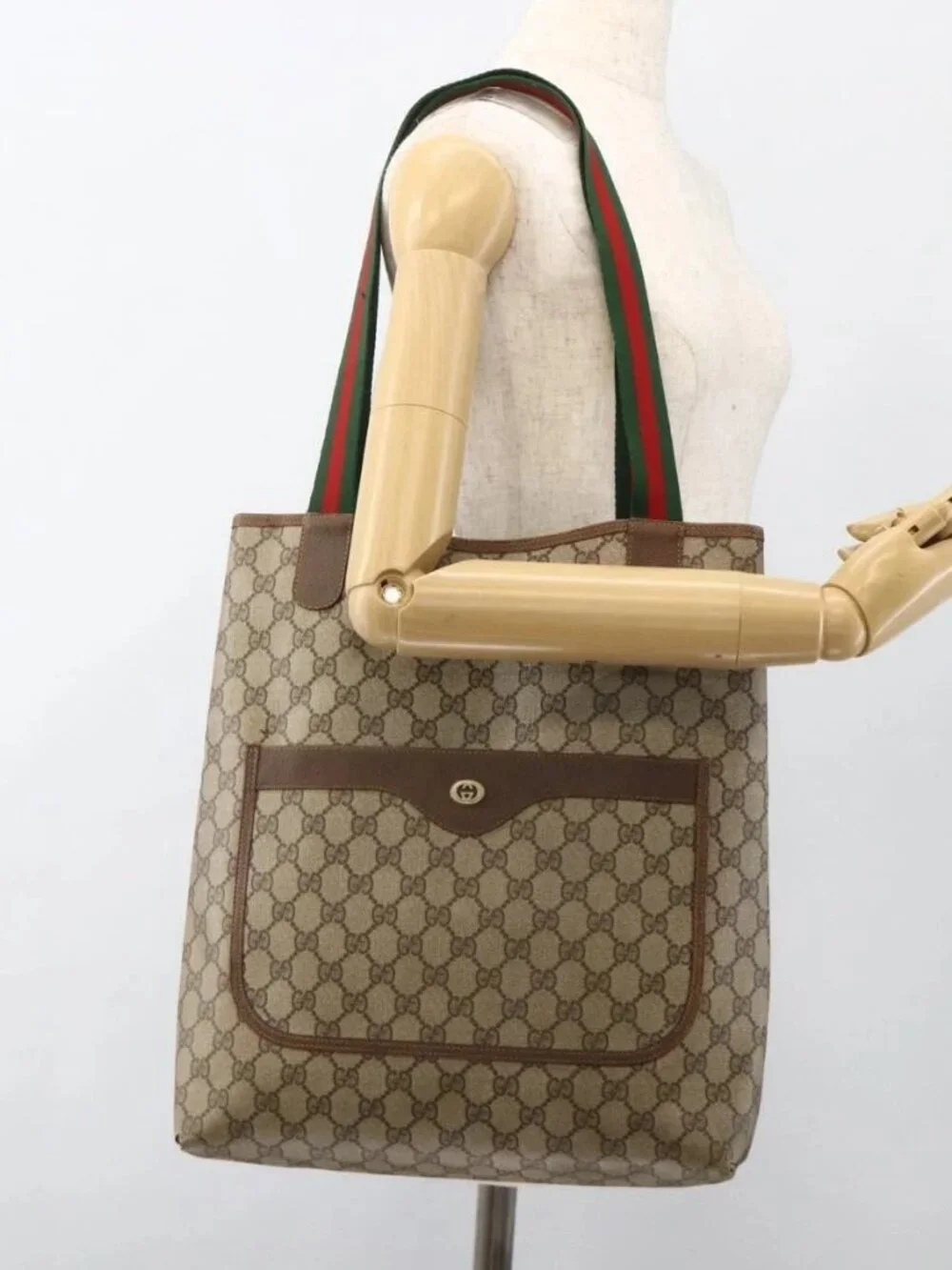 GUCCI GG Supreme Web Sherry Line Tote Bag PVC Beige Red 89 02 003 Auth ARZ909